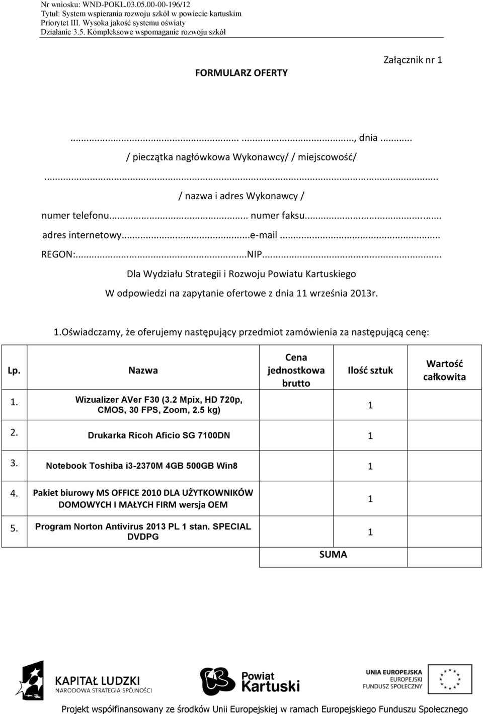 września 2013r. 1.Oświadczamy, że oferujemy następujący przedmiot zamówienia za następującą cenę: Lp. Nazwa Cena jednostkowa brutto Ilość sztuk Wartość całkowita 1. Wizualizer AVer F30 (3.