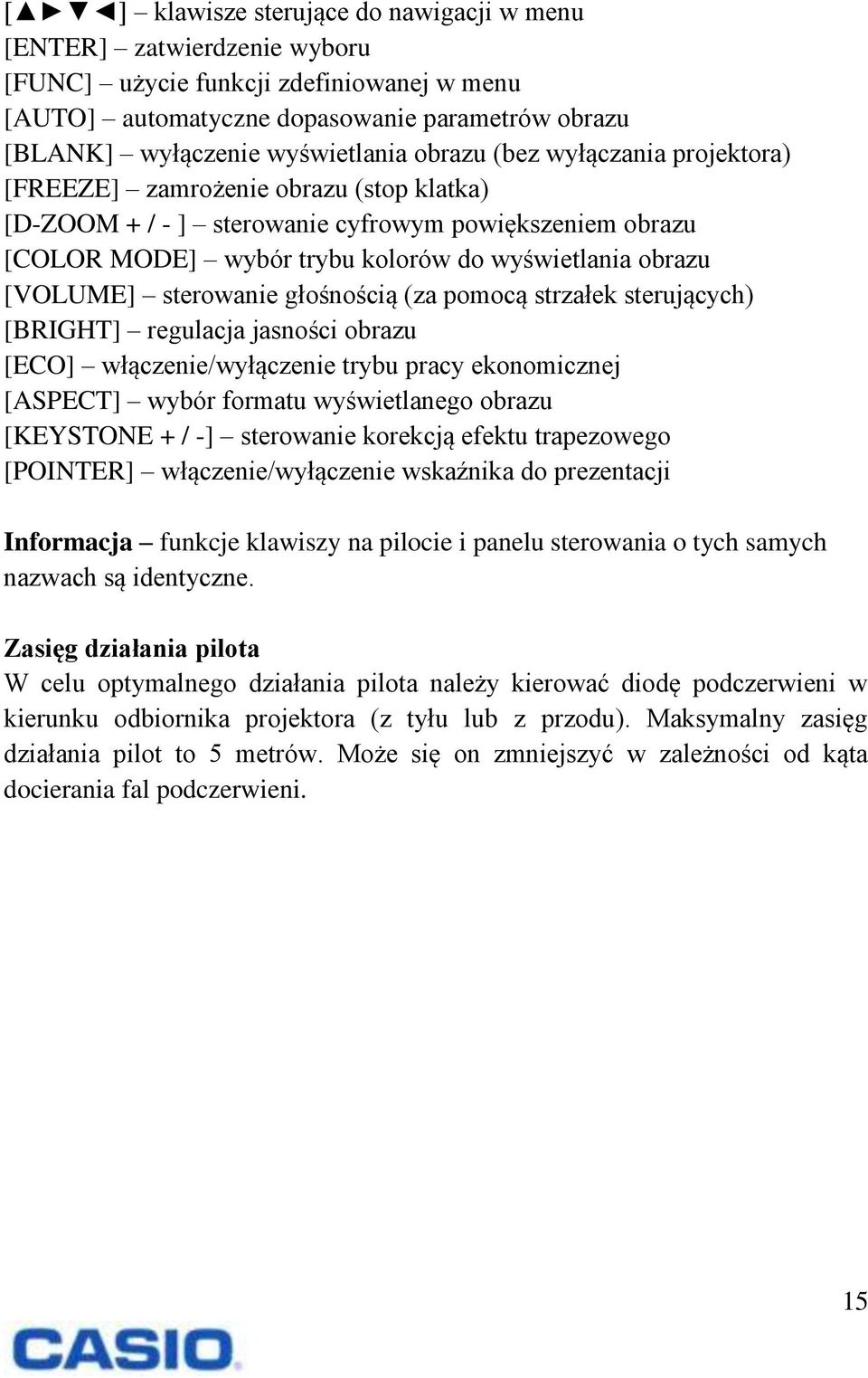 sterowanie głośnością (za pomocą strzałek sterujących) [BRIGHT] regulacja jasności obrazu [ECO] włączenie/wyłączenie trybu pracy ekonomicznej [ASPECT] wybór formatu wyświetlanego obrazu [KEYSTONE + /