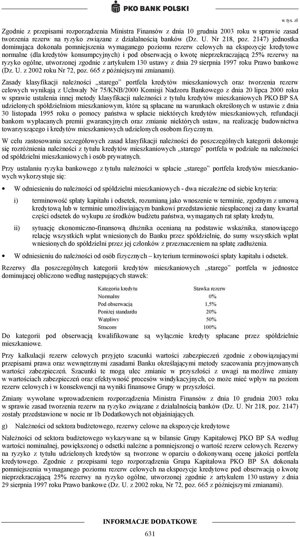 rezerwy na ryzyko ogólne, utworzonej zgodnie z artykułem 130 ustawy z dnia 29 sierpnia 1997 roku Prawo bankowe (Dz. U. z 2002 roku Nr 72, poz. 665 z późniejszymi zmianami).