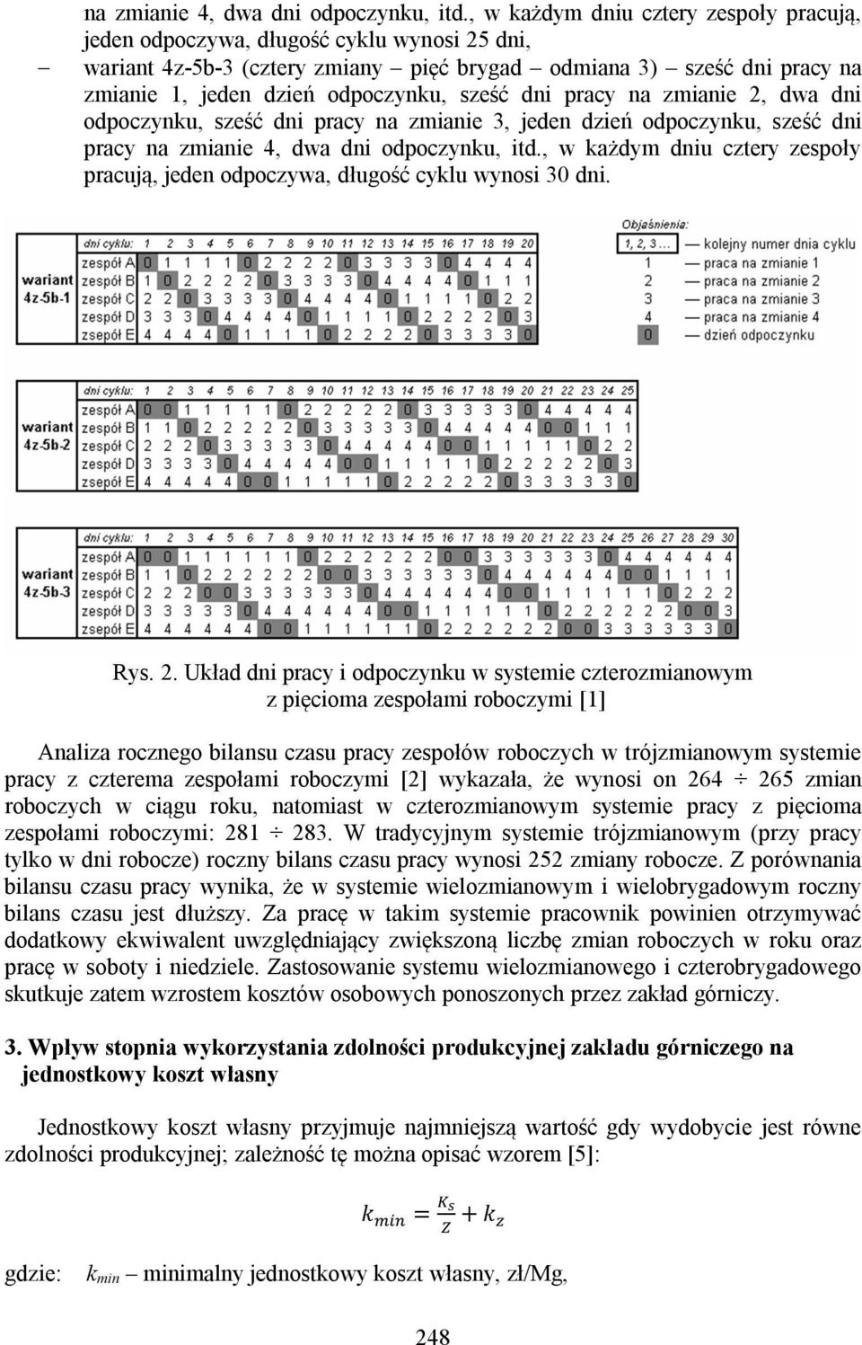 dni pracy na zmianie 2, dwa dni odpoczynku, sześć dni pracy na zmianie 3, jeden dzień odpoczynku, sześć dni pracy , w każdym dniu cztery zespoły pracują, jeden odpoczywa, długość cyklu wynosi 30 dni.