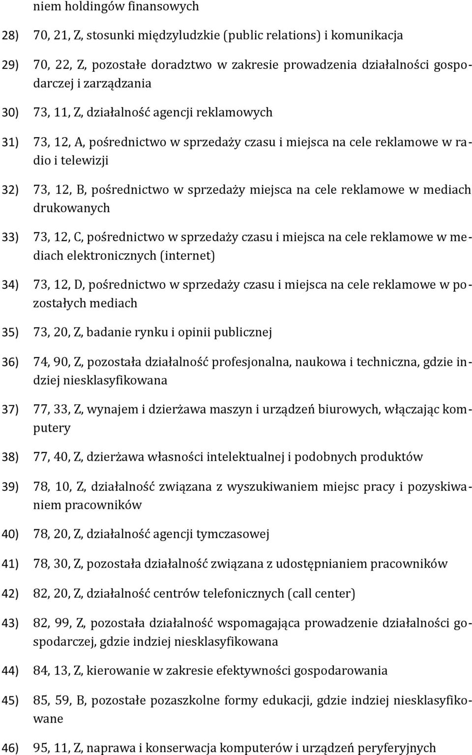 reklamowe w mediach drukowanych 33) 73, 12, C, pośrednictwo w sprzedaży czasu i miejsca na cele reklamowe w mediach elektronicznych (internet) 34) 73, 12, D, pośrednictwo w sprzedaży czasu i miejsca