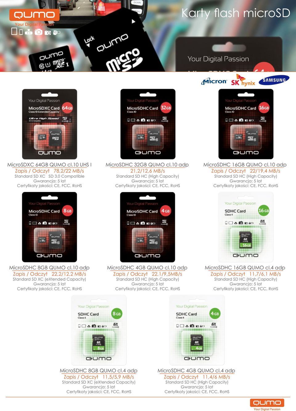 10 adp Zapis / Odczyt 22/19,4 MB/s MicroSDHC 8GB QUMO cl.10 adp Zapis / Odczyt 22,2/12,2 MB/s MicroSDHC 4GB QUMO cl.