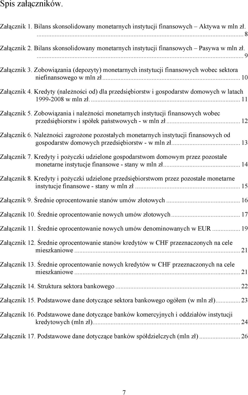 Kredyty (należności od) dla przedsiębiorstw i gospodarstw domowych w latach 1999-2008 w mln zł... 11 Załącznik 5.