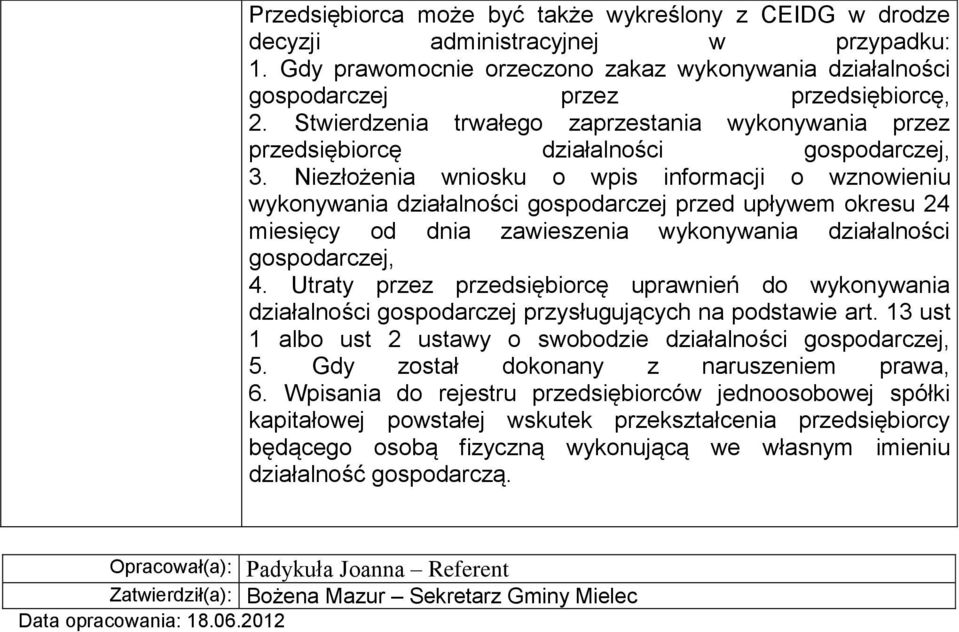 Niezłożenia wniosku o wpis informacji o wznowieniu wykonywania działalności gospodarczej przed upływem okresu 24 miesięcy od dnia zawieszenia wykonywania działalności gospodarczej, 4.