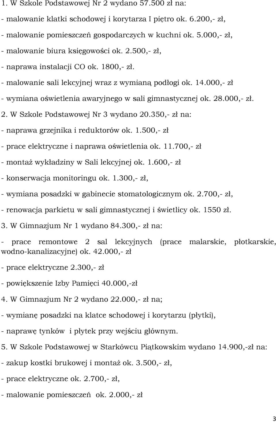 .000,- zł. 2. W Szkole Podstawowej Nr 3 wydano 20.350,- zł na: - naprawa grzejnika i reduktorów ok. 1.500,- zł - prace elektryczne i naprawa oświetlenia ok. 11.