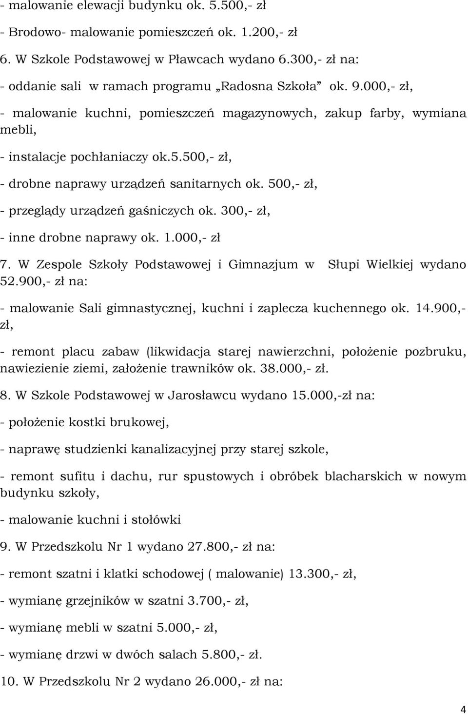 500,- zł, - przeglądy urządzeń gaśniczych ok. 300,- zł, - inne drobne naprawy ok. 1.000,- zł 7. W Zespole Szkoły Podstawowej i Gimnazjum w Słupi Wielkiej wydano 52.