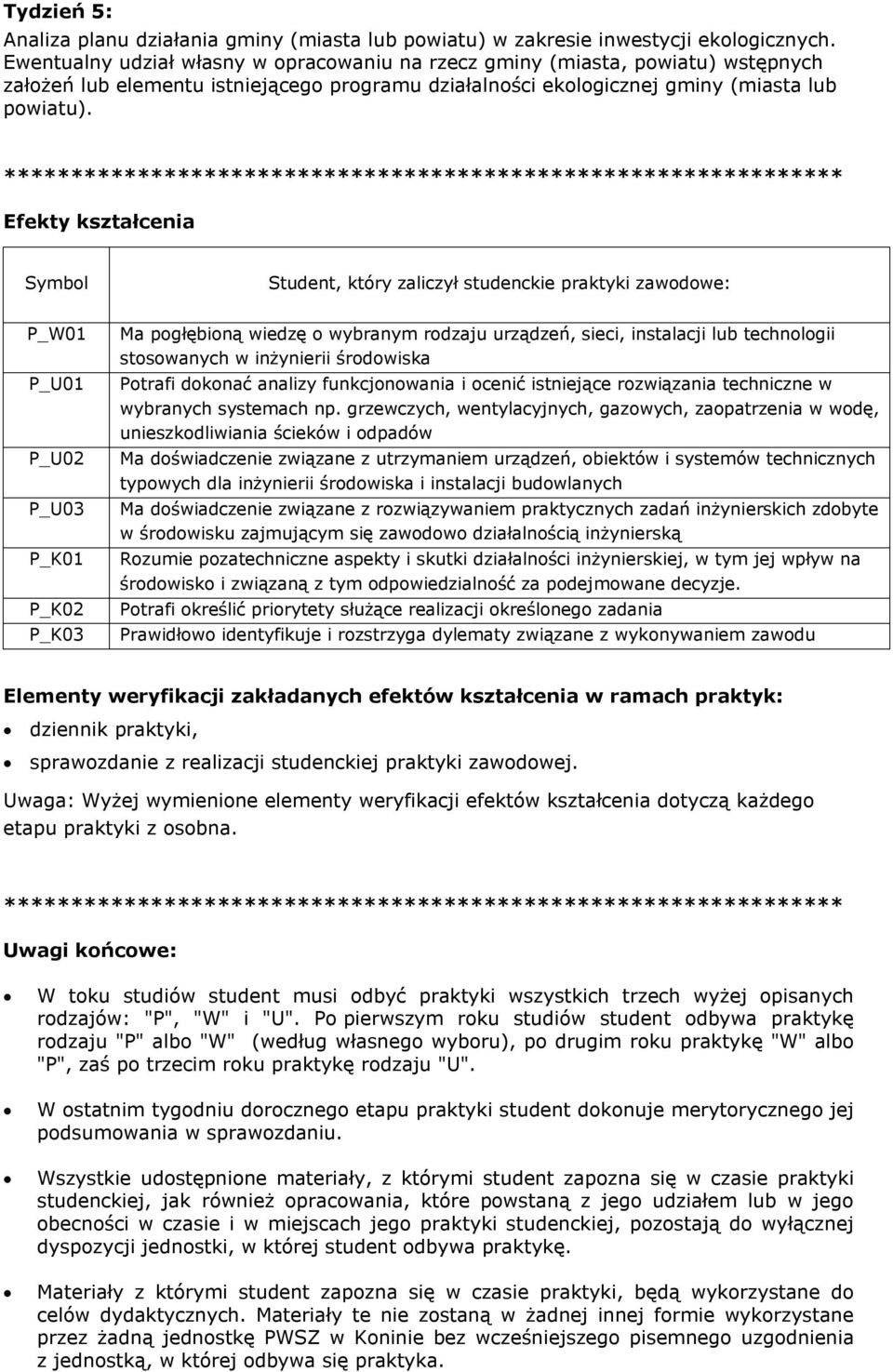 *************************************************************** Efekty kształcenia Symbol Student, który zaliczył studenckie praktyki zawodowe: P_W01 P_U01 P_U02 P_U03 P_K01 P_K02 P_K03 Ma pogłębioną