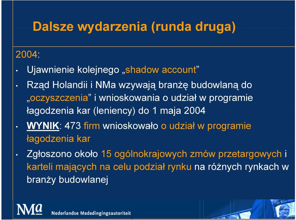 2004 WYNIK: 473 firm wnioskowało o udział w programie łagodzenia kar Zgłoszono około 15 ogólnokrajowych zmów