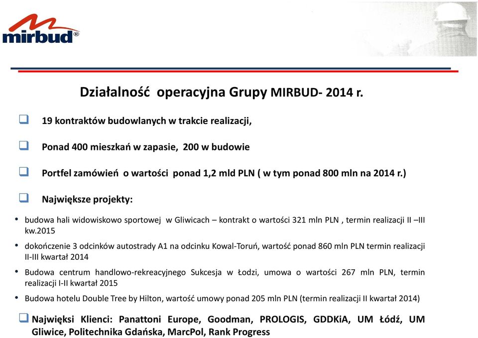 2015 dokończenie 3 odcinków autostrady A1 na odcinku Kowal-Toruń, wartość ponad 860 mln PLN termin realizacji II-III kwartał 2014 Budowa centrum handlowo-rekreacyjnego Sukcesja w Łodzi, umowa o