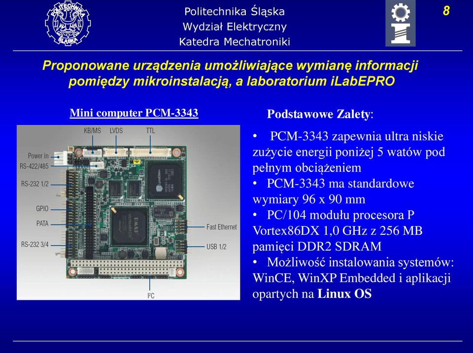 pełnym obciążeniem PCM-3343 ma standardowe wymiary 96 x 90 mm PC/104 modułu procesora P Vortex86DX 1,0 GHz z