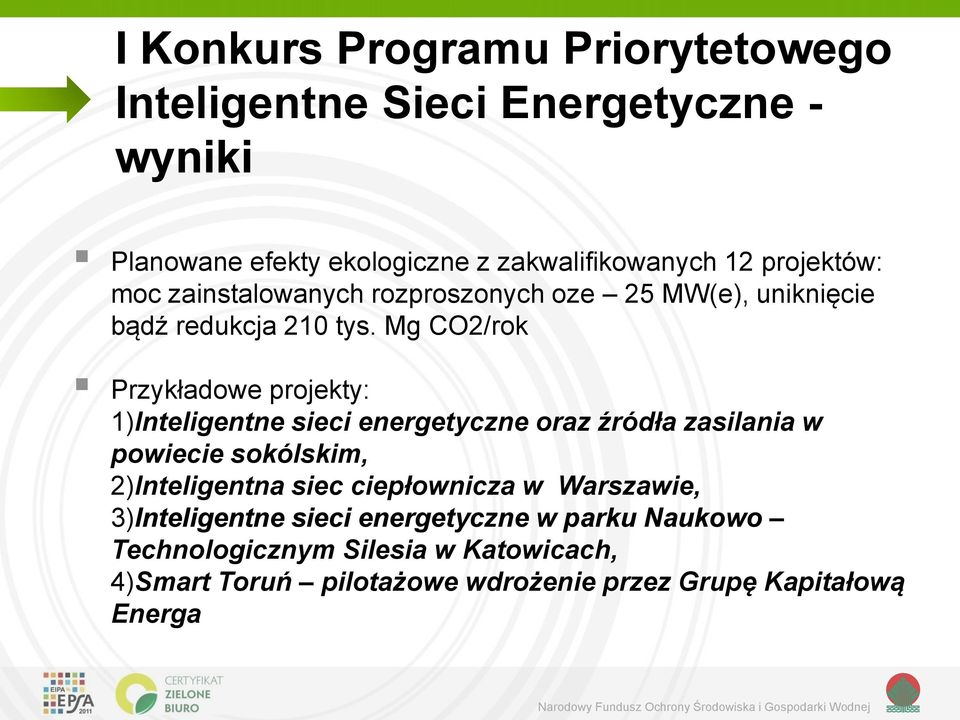 Mg CO2/rok Przykładowe projekty: 1)Inteligentne sieci energetyczne oraz źródła zasilania w powiecie sokólskim, 2)Inteligentna siec