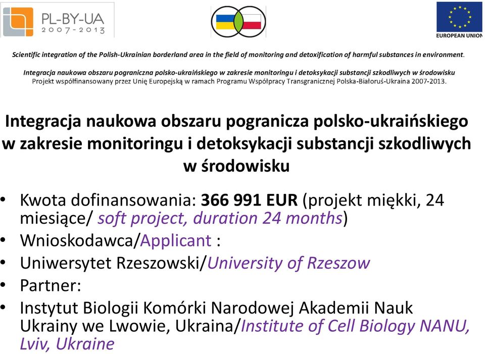duration 24 months) Wnioskodawca/Applicant : Uniwersytet Rzeszowski/University of Rzeszow Partner: Instytut