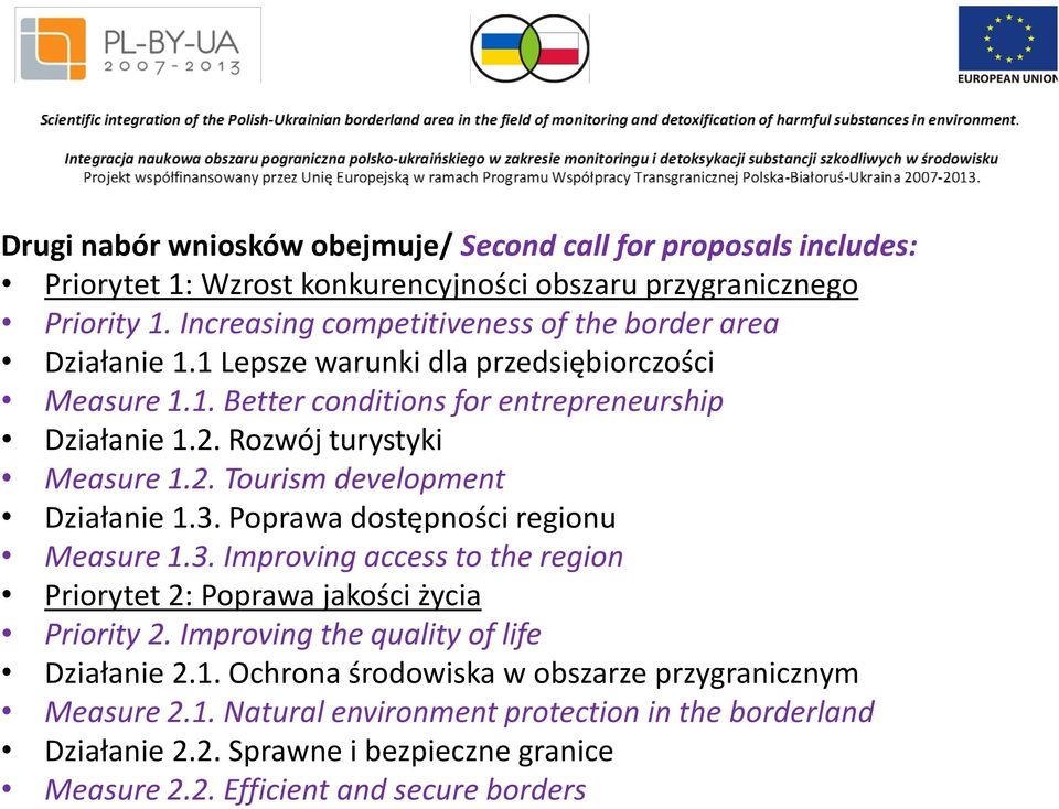Rozwój turystyki Measure 1.2. Tourism development Działanie 1.3. Poprawa dostępności regionu Measure 1.3. Improving access to the region Priorytet 2: Poprawa jakości życia Priority 2.