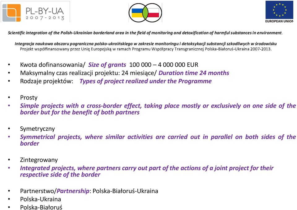 partners Symetryczny Symmetrical projects, where similar activities are carried out in parallel on both sides of the border Zintegrowany Integrated projects, where