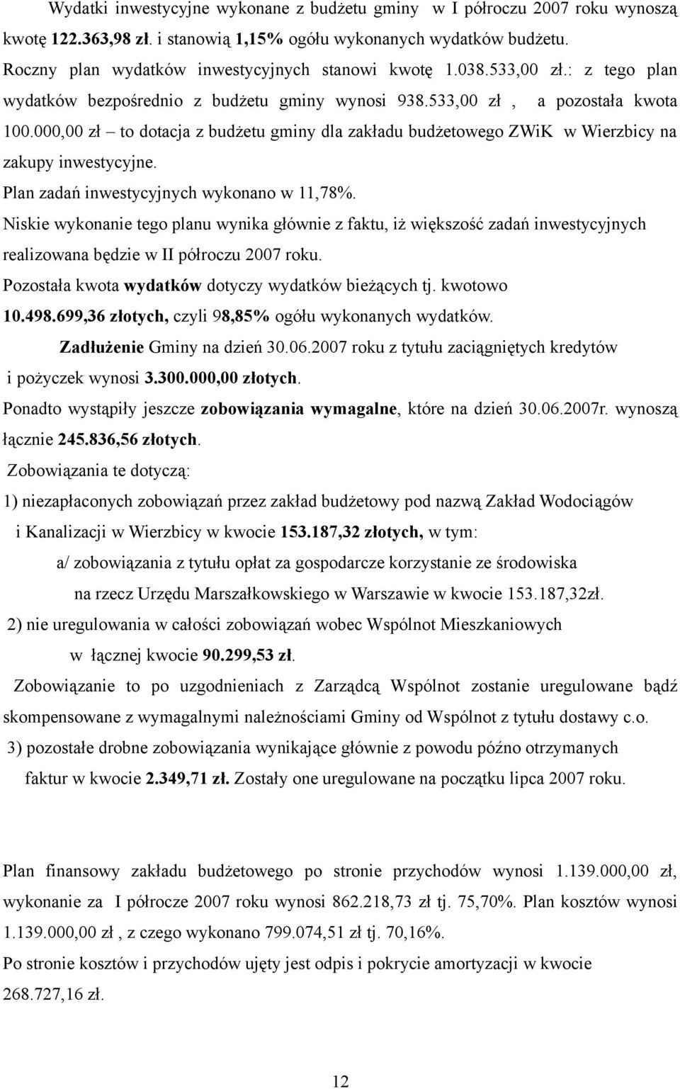 000,00 zł to dotacja z budżetu gminy dla zakładu budżetowego ZWiK w Wierzbicy na zakupy inwestycyjne. Plan zadań inwestycyjnych wykonano w 11,78%.