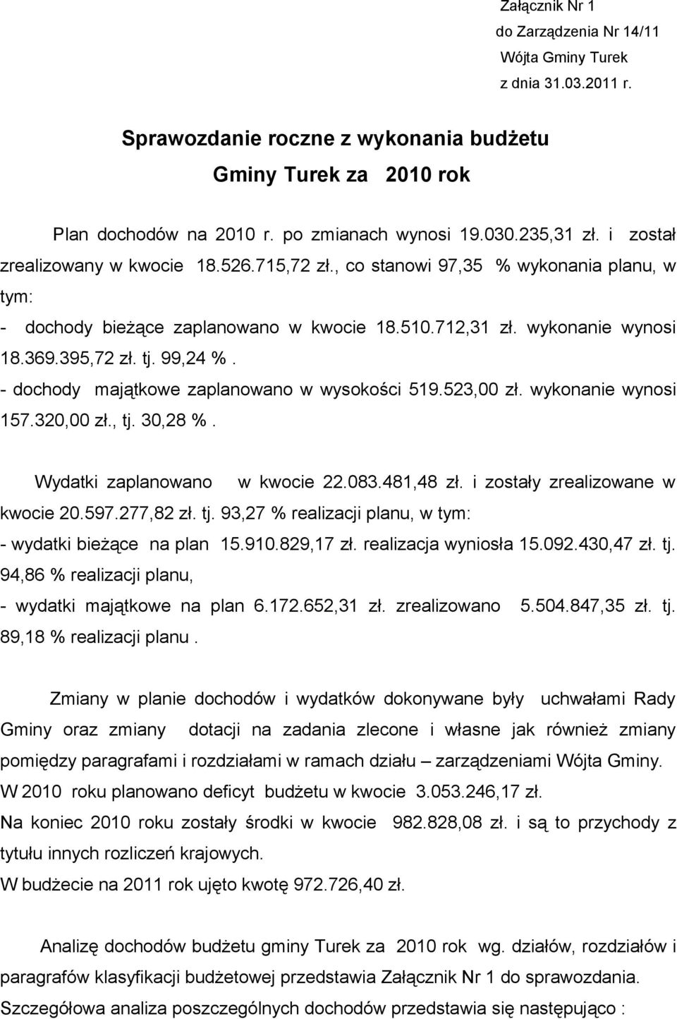 99,24 %. - dochody majątkowe zaplanowano w wysokości 519.523,00 zł. wykonanie wynosi 157.320,00 zł., tj. 30,28 %. Wydatki zaplanowano w kwocie 22.083.481,48 zł. i zostały zrealizowane w kwocie 20.597.