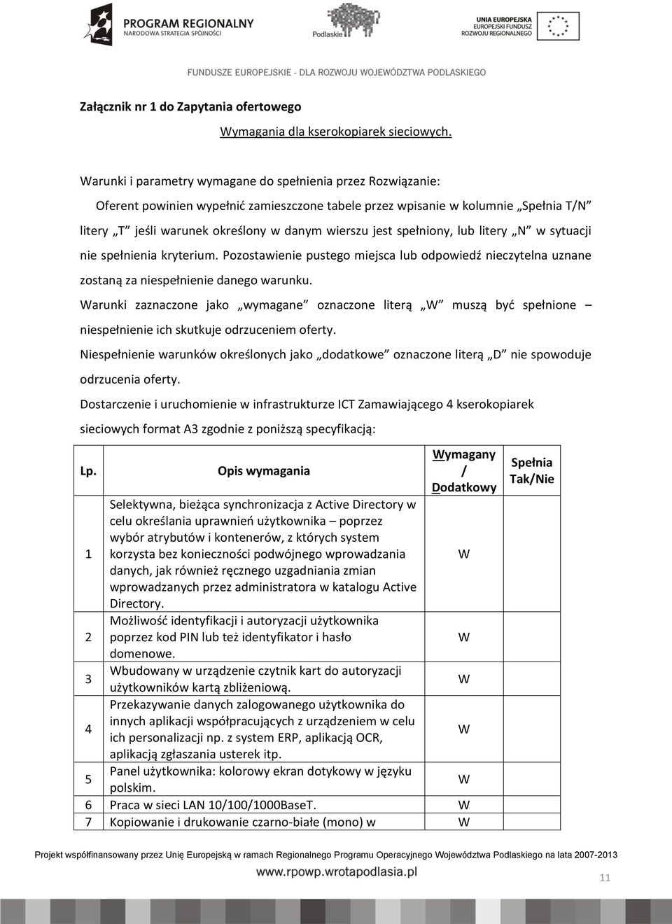 spełniony, lub litery N w sytuacji nie spełnienia kryterium. Pozostawienie pustego miejsca lub odpowiedź nieczytelna uznane zostaną za niespełnienie danego warunku.