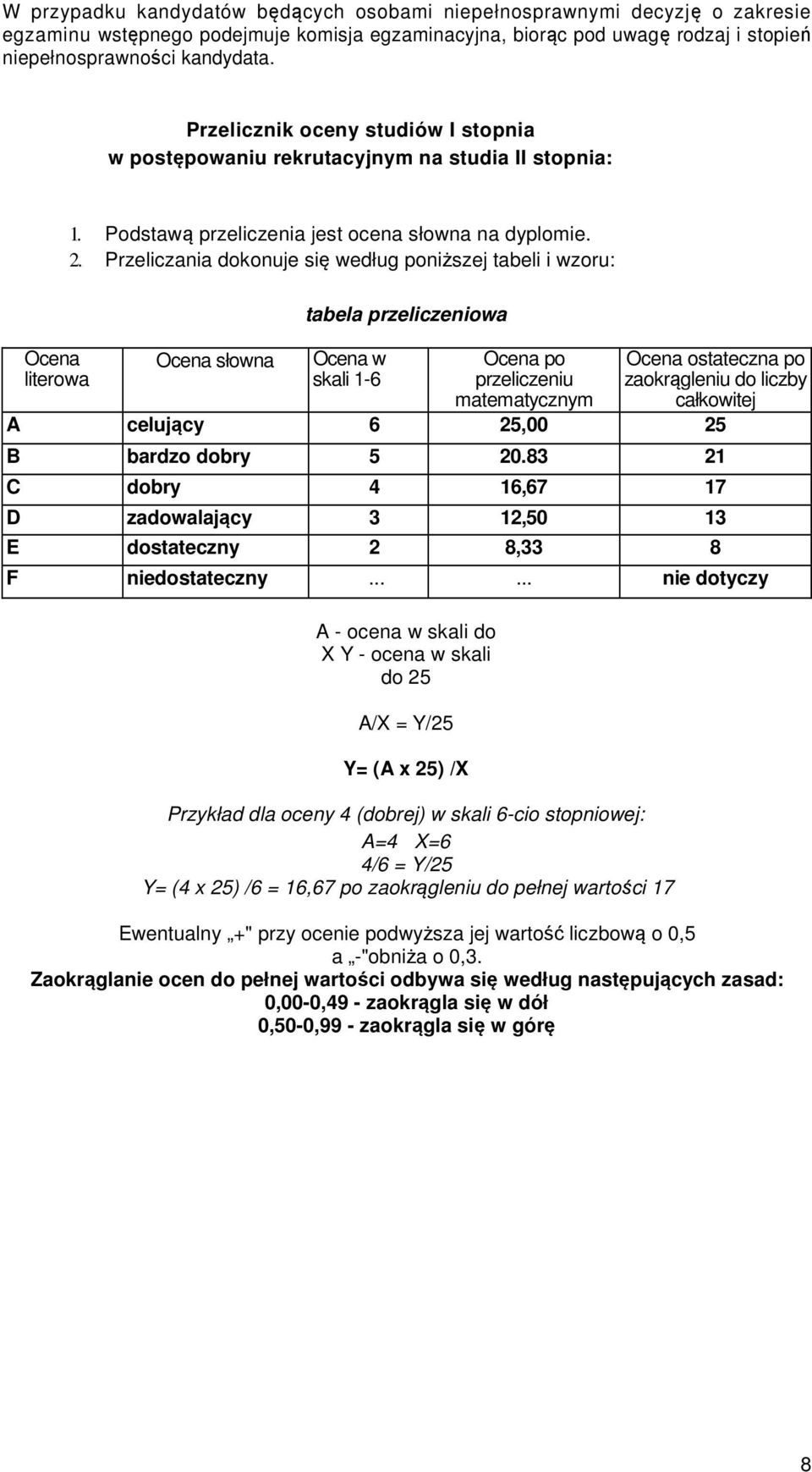 Przeliczania dokonuje się według poniższej tabeli i wzoru: Ocena literowa Ocena słowna tabela przeliczeniowa Ocena w skali 1-6 Ocena po przeliczeniu matematycznym Ocena ostateczna po zaokrągleniu do