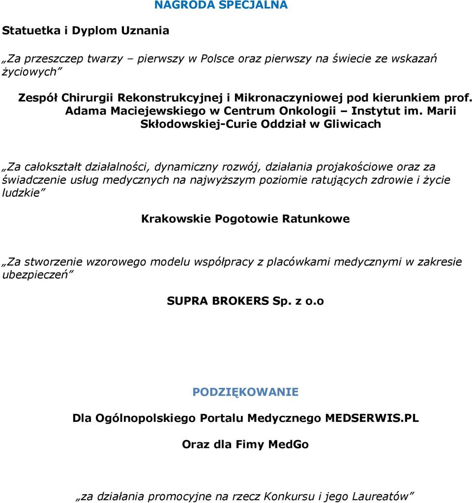 Marii Skłodowskiej-Curie Oddział w Gliwicach Za całokształt działalności, dynamiczny rozwój, działania projakościowe oraz za świadczenie usług medycznych na najwyższym poziomie ratujących