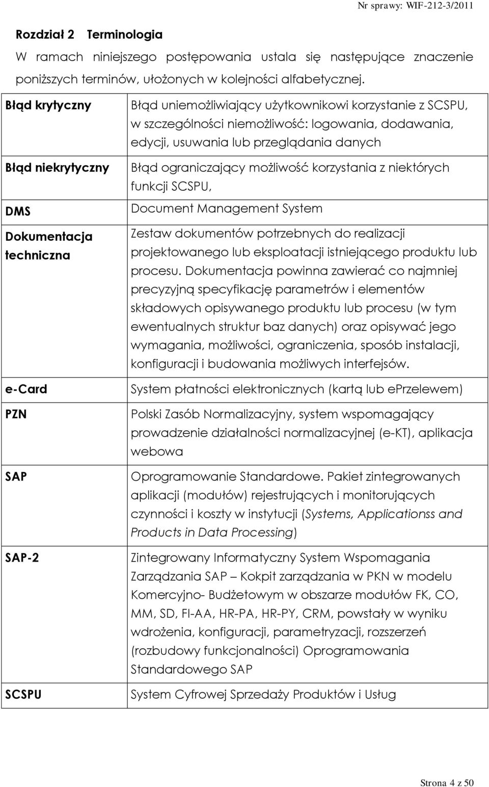 edycji, usuwania lub przeglądania danych Błąd ograniczający możliwość korzystania z niektórych funkcji SCSPU, Document Management System Zestaw dokumentów potrzebnych do realizacji projektowanego lub
