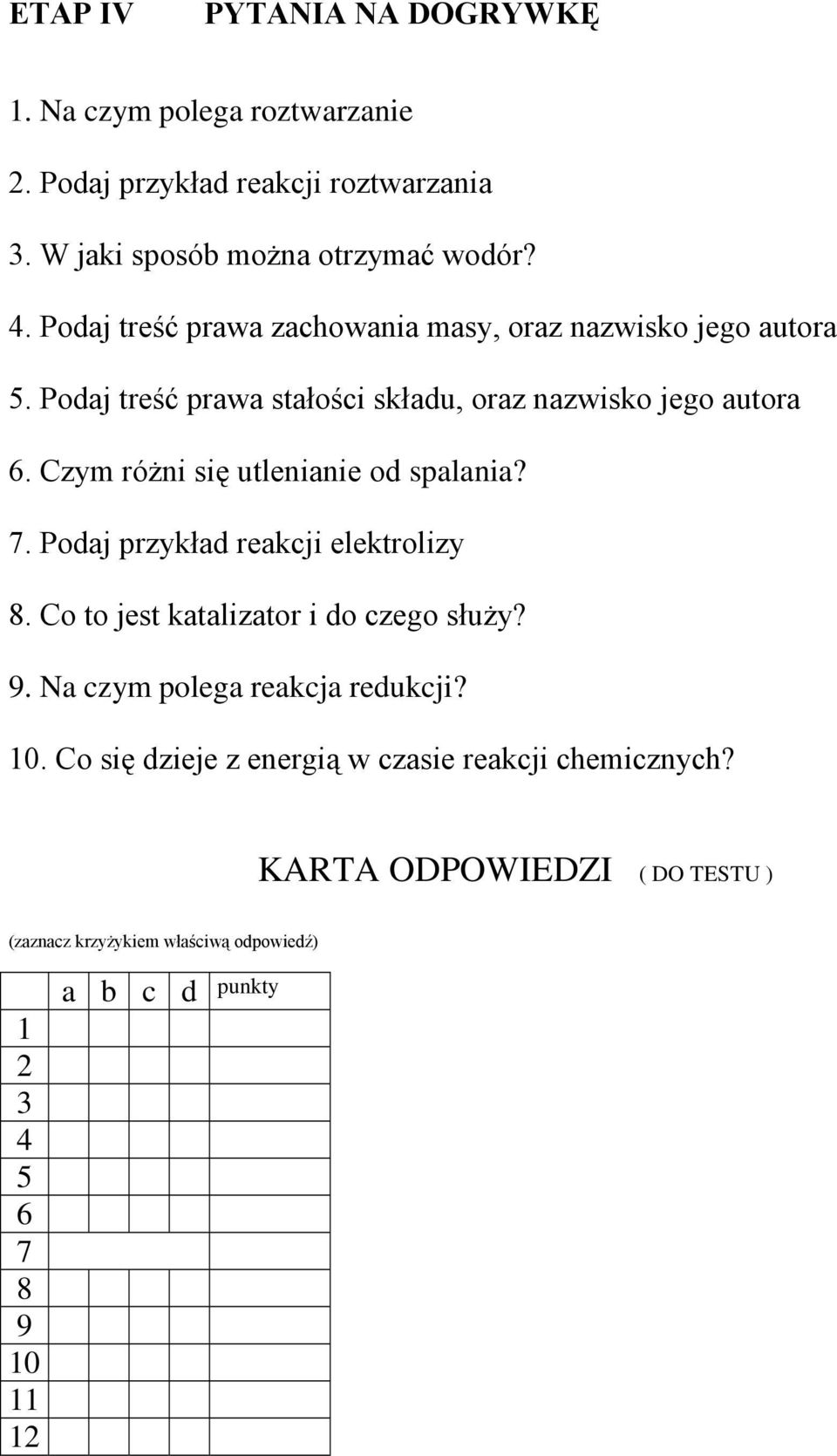 Czym różni się utlenianie od spalania? 7. Podaj przykład reakcji elektrolizy 8. Co to jest katalizator i do czego służy? 9.