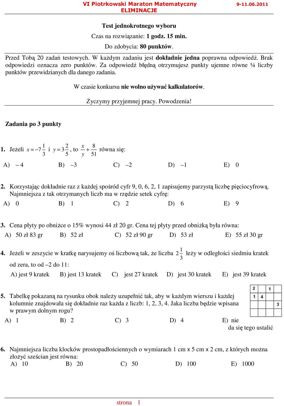 W czasie konkursu nie wolno uŝywać kalkulatorów. śyczymy przyjemnej pracy. Powodzenia! Zadania po punkty. JeŜeli x = 7 i y =, to 5 x y 8 5 równa się: A) 4 B) C) D) E) 0.