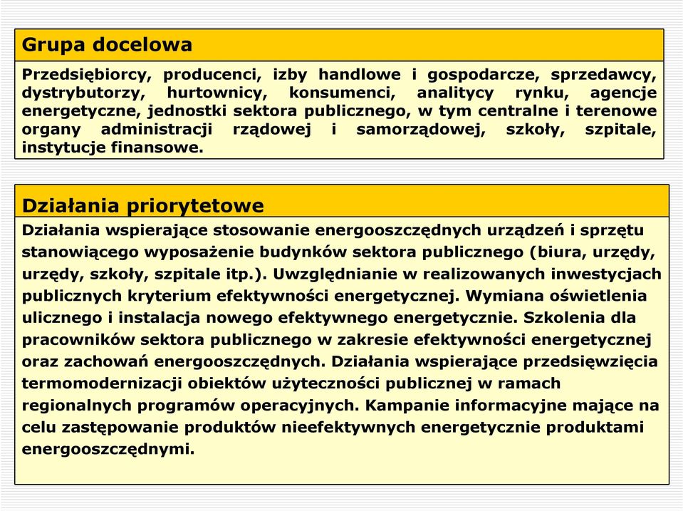 Działania priorytetowe Działania wspierające stosowanie energooszczędnych urządzeń i sprzętu stanowiącego wyposaŝenie budynków sektora publicznego (biura, urzędy, urzędy, szkoły, szpitale itp.).