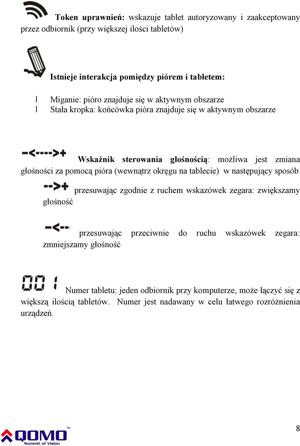 pomocą pióra (wewnątrz okręgu na tablecie) w następujący sposób przesuwając zgodnie z ruchem wskazówek zegara: zwiększamy głośność przesuwając przeciwnie do ruchu