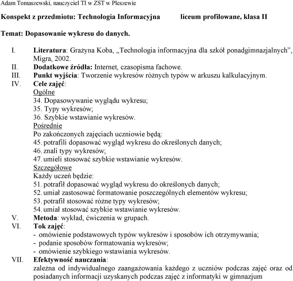 potrafił dopasować wygląd wykresu do określonych danych; 52. umiał zastosować formatowanie poszczególnych elementów wykresu; 53. potrafił stosować różne typy wykresów; 54.