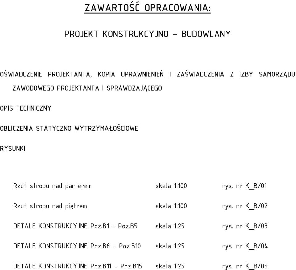 1:100 rys. nr K_B/01 Rzut stropu nad piętrem skala 1:100 rys. nr K_B/02 DETALE KONSTRUKCYJNE Poz.B1 - Poz.B5 skala 1:25 rys.