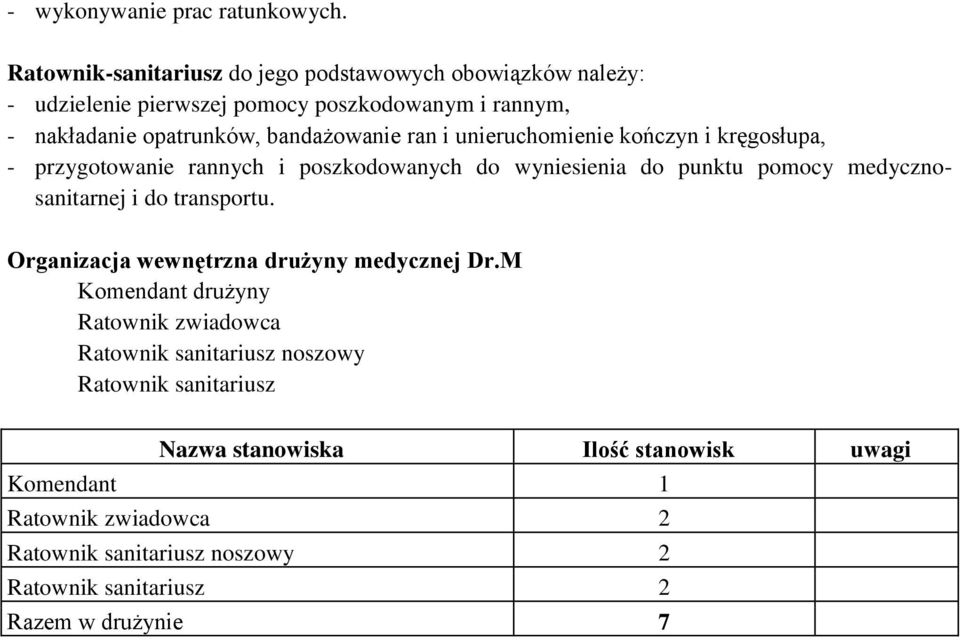 bandażowanie ran i unieruchomienie kończyn i kręgosłupa, - przygotowanie rannych i poszkodowanych do wyniesienia do punktu pomocy