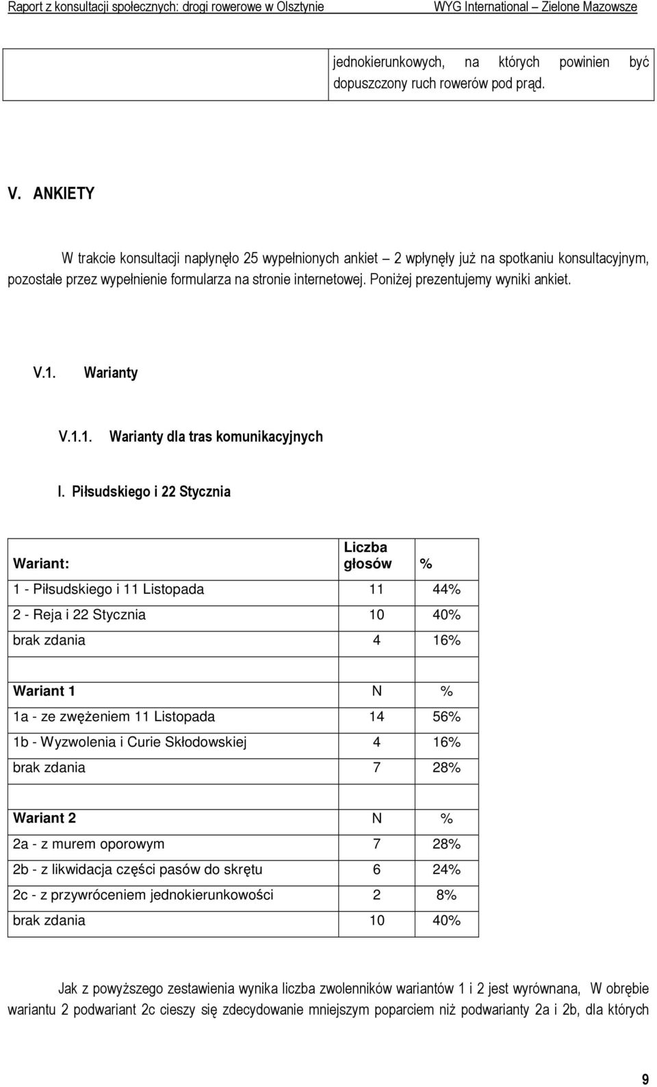 PoniŜej prezentujemy wyniki ankiet. V.1. Warianty V.1.1. Warianty dla tras komunikacyjnych I.