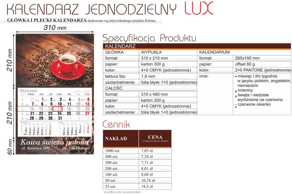 g 2+0 PANTONE (jednostronnie) - miesiąc i dni tygodnia w języku polskim, angielskim, niemieckim - imieniny -