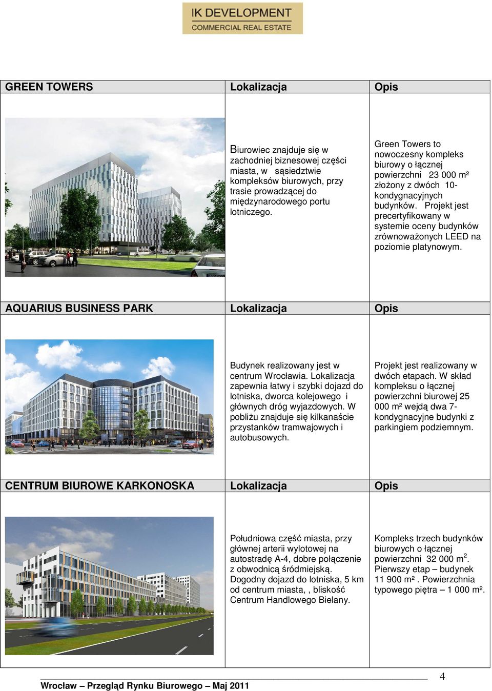 Projekt jest precertyfikowany w systemie oceny budynków zrównoważonych LEED na poziomie platynowym. AQUARIUS BUSINESS PARK Lokalizacja Opis Budynek realizowany jest w centrum Wrocławia.