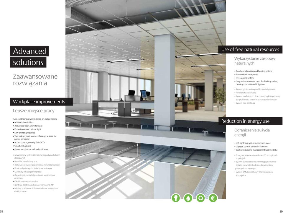 wykorzystywany do spłukiwania toalet oraz nawadniania roślin System free-coolingu Lepsze miejsce pracy Air conditioning system based on chilled beams Adiabatic humidifiers 30% more fresh air in