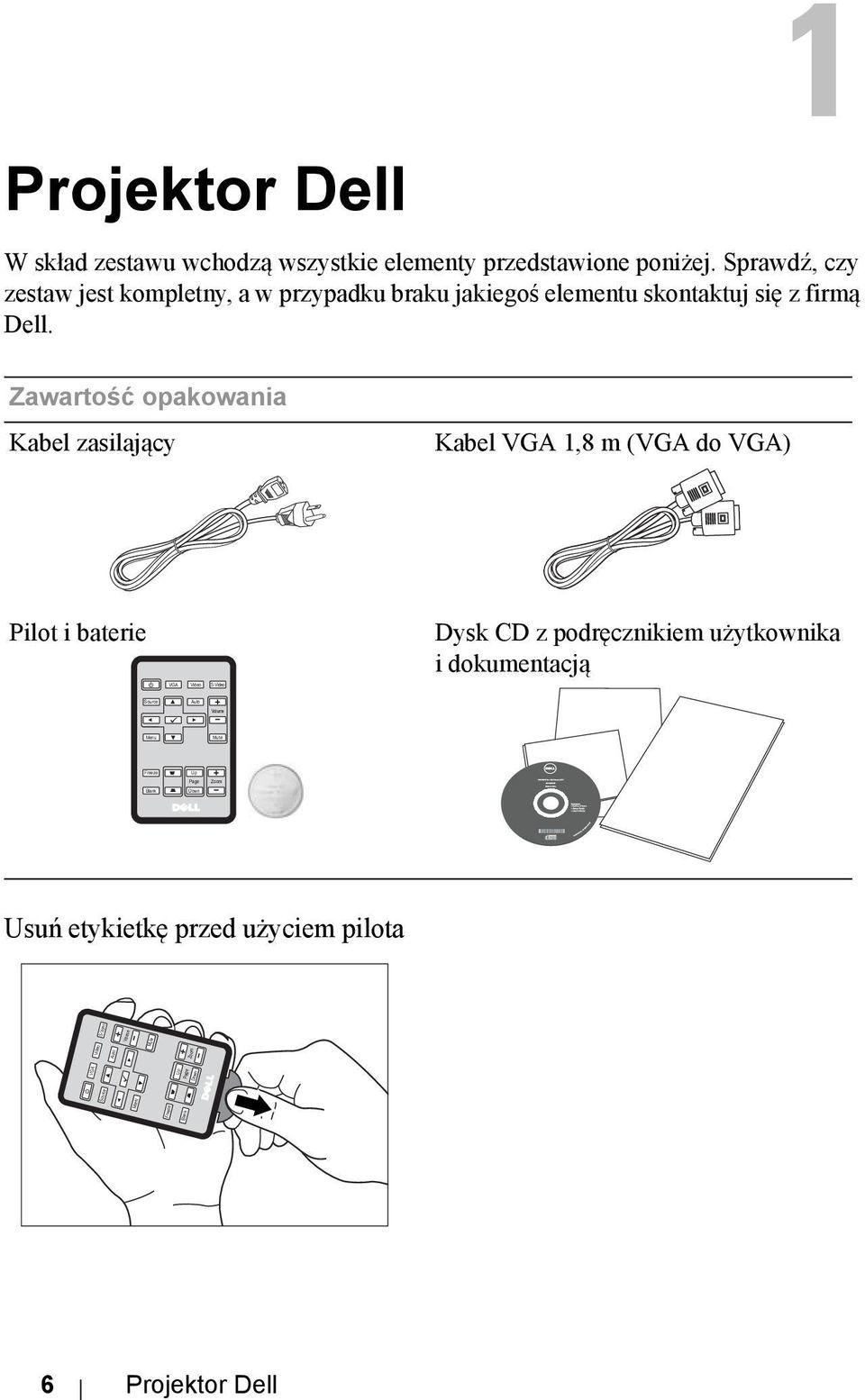 Zawartość opakowania Kabel zasilający Kabel VGA 1,8 m (VGA do VGA) Pilot i baterie VGA Video S-Video Dysk CD z podręcznikiem