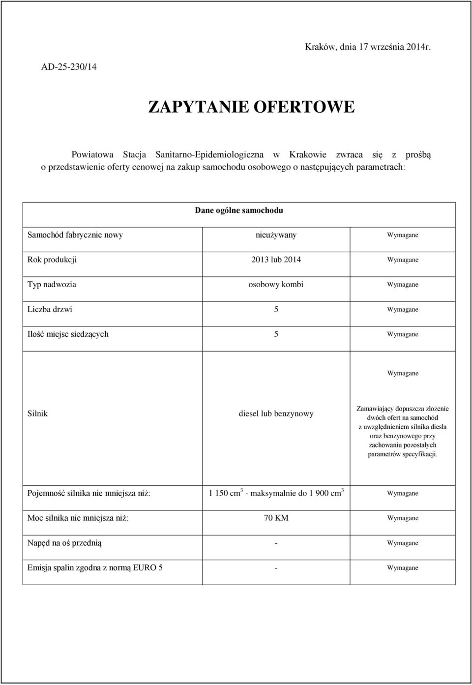 parametrach: Dane ogólne samochodu Samochód fabrycznie nowy nieużywany Rok produkcji 2013 lub 2014 Typ nadwozia osobowy kombi Liczba drzwi 5 Ilość miejsc siedzących 5 Silnik diesel