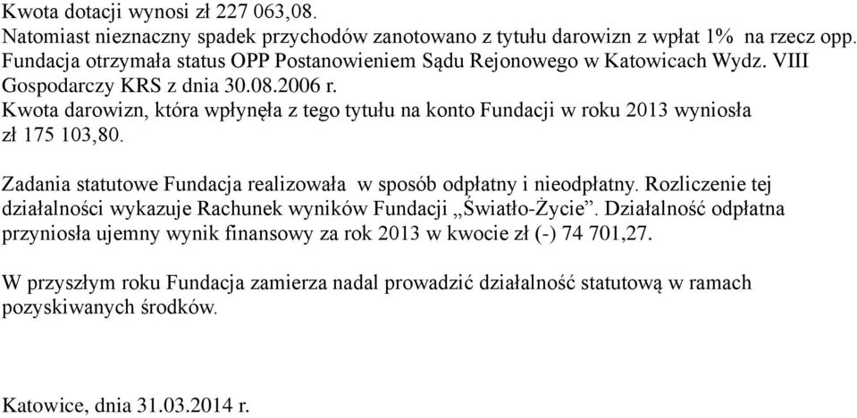 Kwota darowizn, która wpłynęła z tego tytułu na konto Fundacji w roku 2013 wyniosła zł 175 103,80. Zadania statutowe Fundacja realizowała w sposób odpłatny i nieodpłatny.