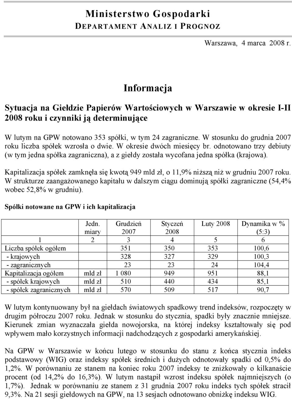 W stosunku do grudnia 27 roku liczba spółek wzrosła o dwie. W okresie dwóch miesięcy br. odnotowano trzy debiuty (w tym jedna spółka zagraniczna), a z giełdy została wycofana jedna spółka (krajowa).