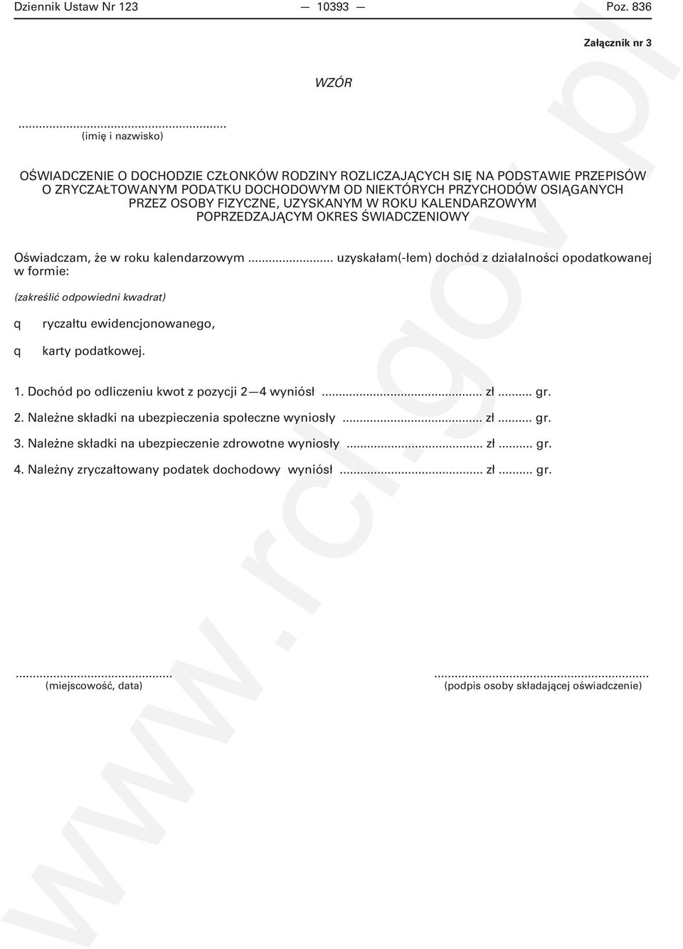 UZYSKANYM W ROKU KALENDARZOWYM POPRZEDZAJĄCYM OKRES ŚWIADCZENIOWY Oświadczam, że w roku kalendarzowym.