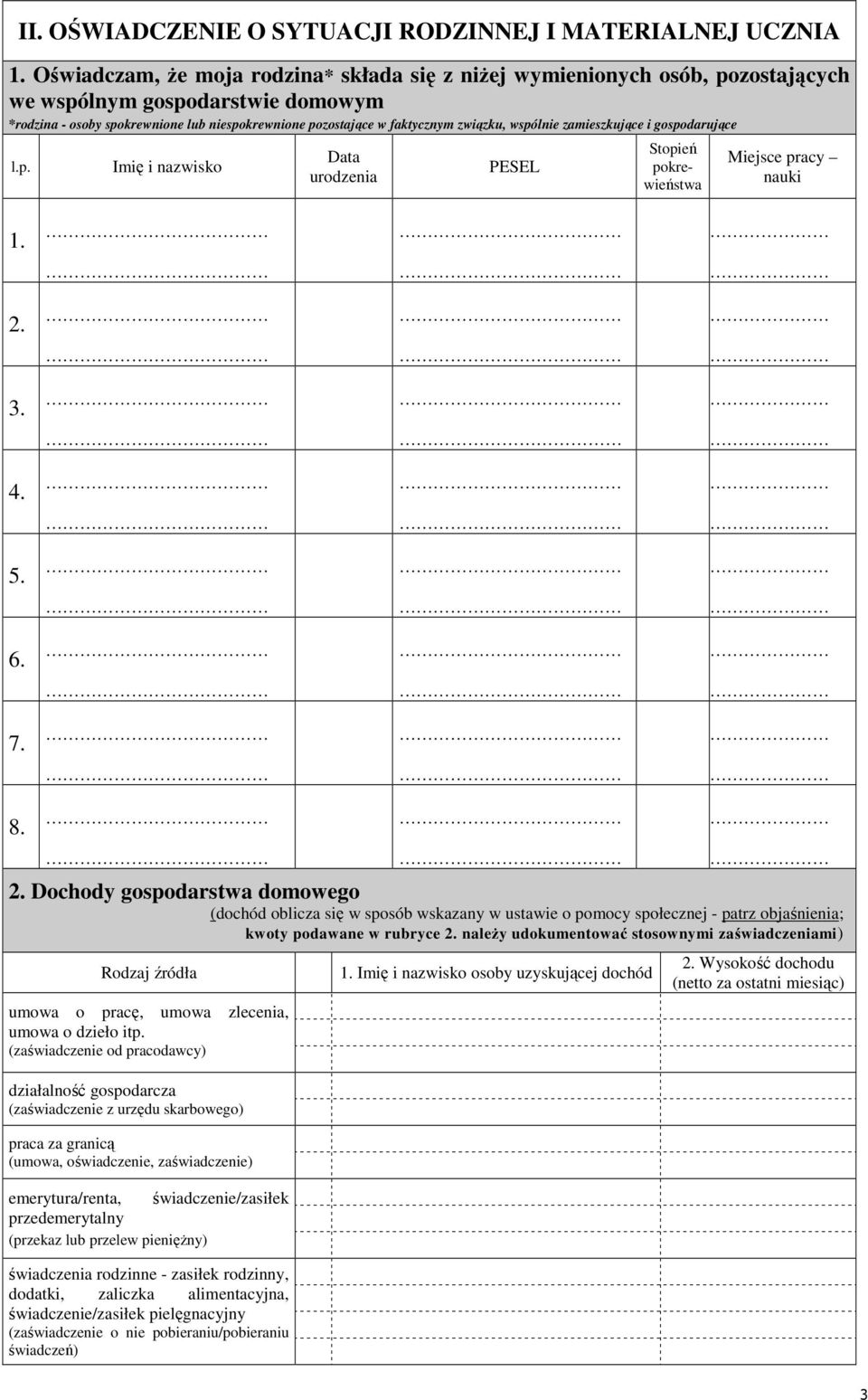 wspólnie zamieszkujące i gospodarujące l.p. Imię i nazwisko Data urodzenia PESEL Stopień pokrewieństwa Miejsce pracy nauki 1. 2.