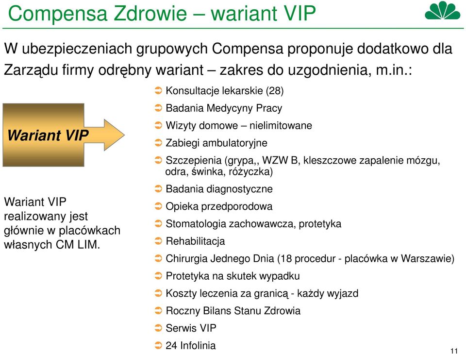 Konsultacje lekarskie (28) Badania Medycyny Pracy Wizyty domowe nielimitowane Zabiegi ambulatoryjne Szczepienia (grypa,, WZW B, kleszczowe zapalenie mózgu, odra, świnka,