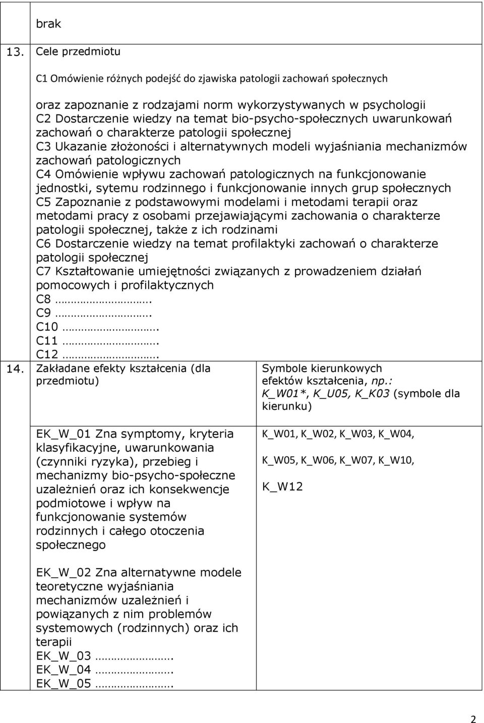 bio-psycho-społecznych uwarunkowań zachowań o charakterze patologii społecznej C3 Ukazanie złożoności i alternatywnych modeli wyjaśniania mechanizmów zachowań patologicznych C4 Omówienie wpływu