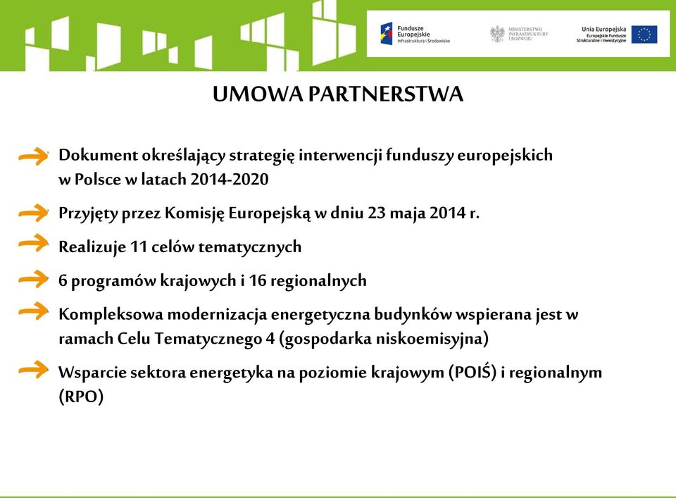 Realizuje 11 celów tematycznych 6 programów krajowych i 16 regionalnych Kompleksowa modernizacja