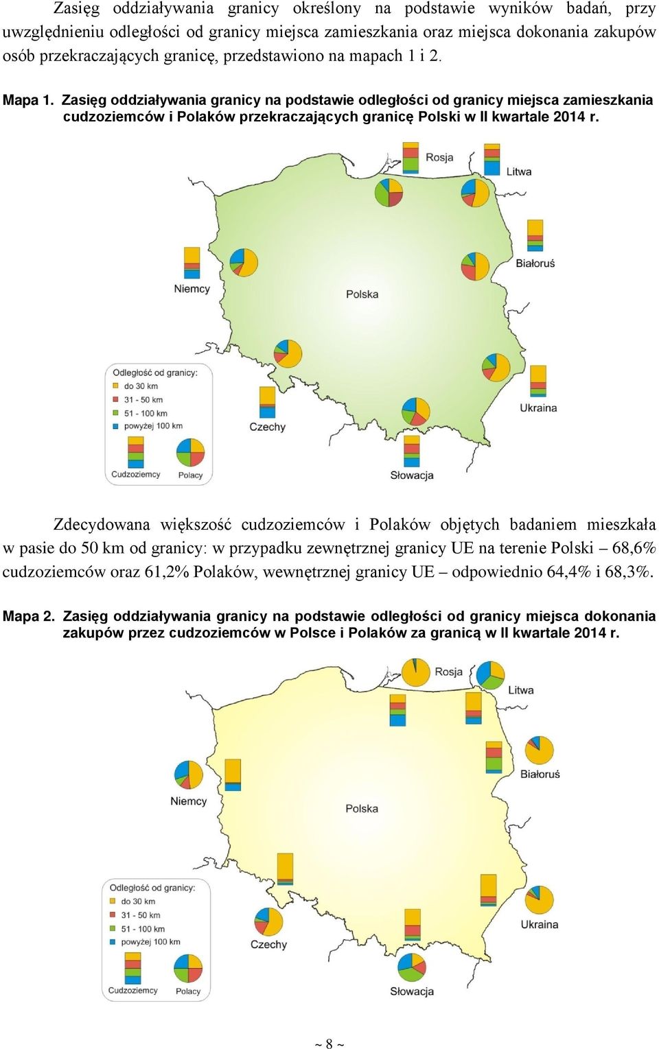 Zdecydowana większość cudzoziemców i Polaków objętych badaniem mieszkała w pasie do 50 km od granicy: w przypadku zewnętrznej granicy UE na terenie Polski 68,6% cudzoziemców oraz 61,2% Polaków,