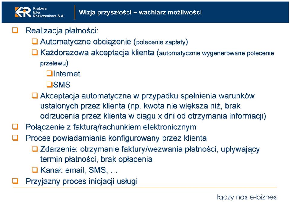 . kwota nie większa niż,, brak odrzucenia przez klienta w ciągu x dni od otrzymania informacji) Połą łączenie z fakturą/rachunkiem elektronicznym Proces