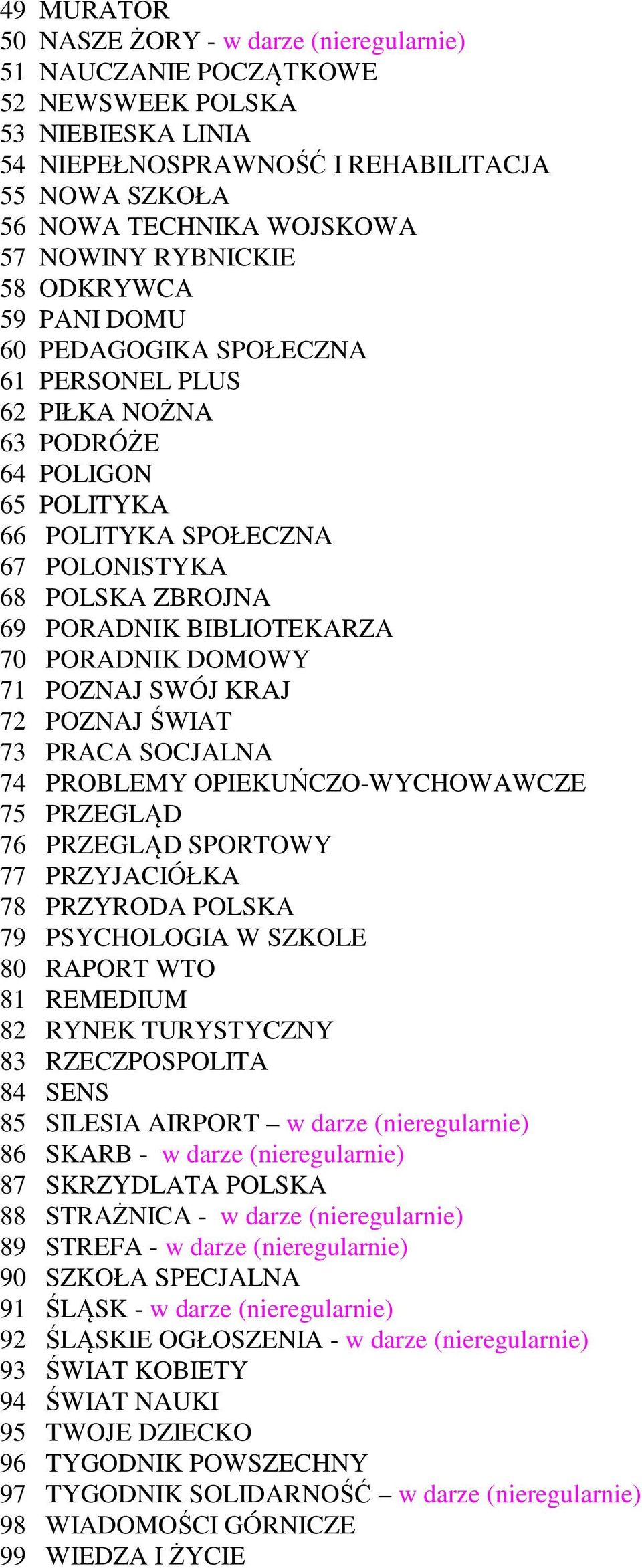 BIBLIOTEKARZA 70 PORADNIK DOMOWY 71 POZNAJ SWÓJ KRAJ 72 POZNAJ ŚWIAT 73 PRACA SOCJALNA 74 PROBLEMY OPIEKUŃCZO-WYCHOWAWCZE 75 PRZEGLĄD 76 PRZEGLĄD SPORTOWY 77 PRZYJACIÓŁKA 78 PRZYRODA POLSKA 79