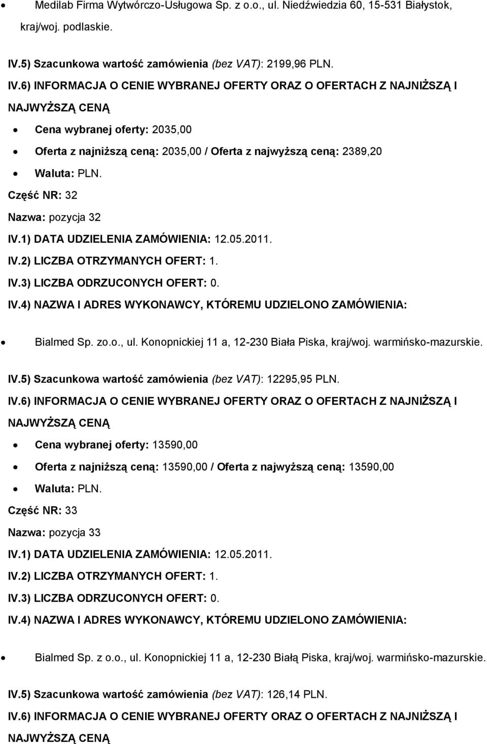 Konopnickiej 11 a, 12-230 Biała Piska, kraj/woj. warmińsko-mazurskie. IV.5) Szacunkowa wartość zamówienia (bez VAT): 12295,95 PLN.