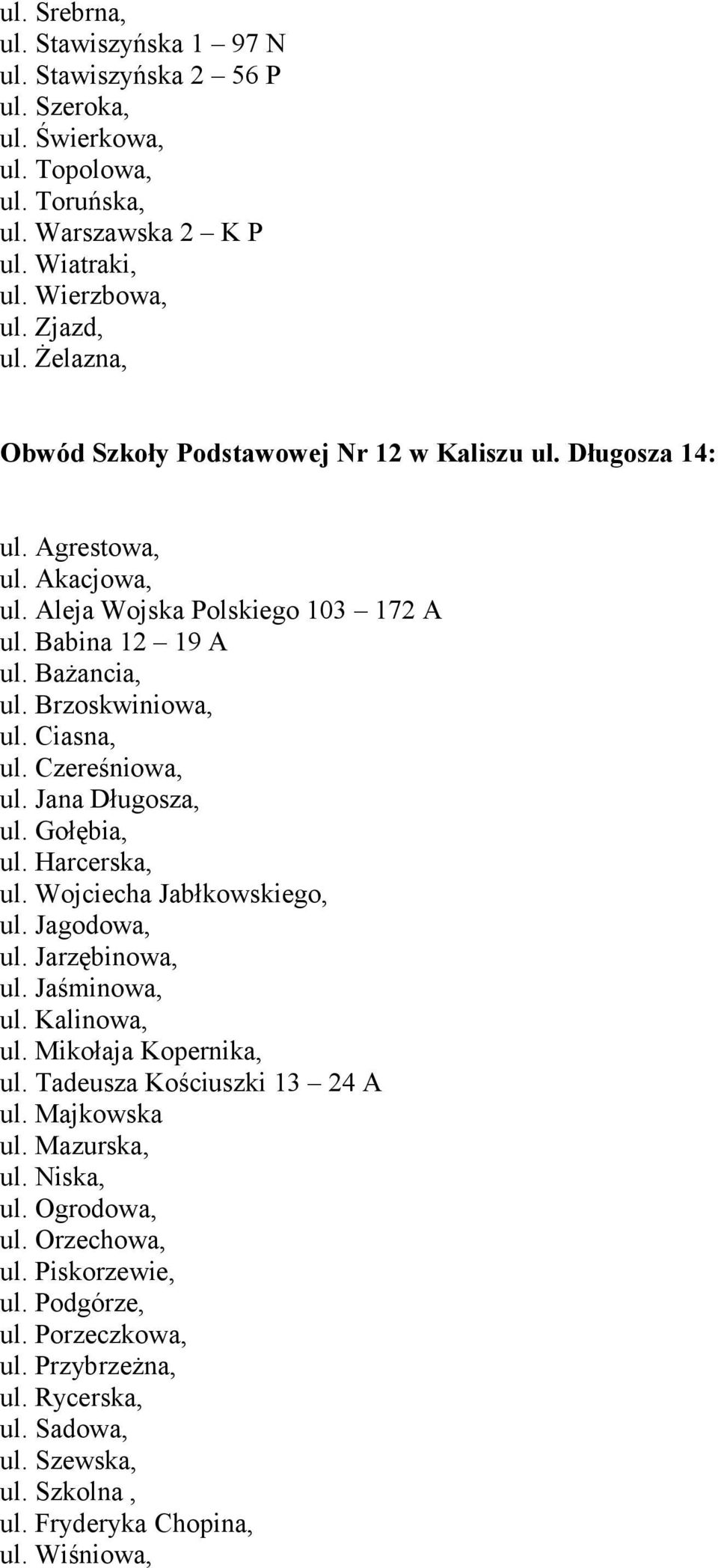 Czereśniowa, ul. Jana Długosza, ul. Gołębia, ul. Harcerska, ul. Wojciecha Jabłkowskiego, ul. Jagodowa, ul. Jarzębinowa, ul. Jaśminowa, ul. Kalinowa, ul. Mikołaja Kopernika, ul.