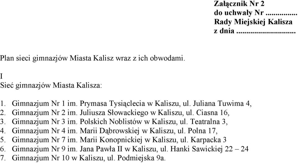 Juliusza Słowackiego w Kaliszu, ul. Ciasna 16, 3. Gimnazjum Nr 3 im. Polskich Noblistów w Kaliszu, ul. Teatralna 3, 4. Gimnazjum Nr 4 im.